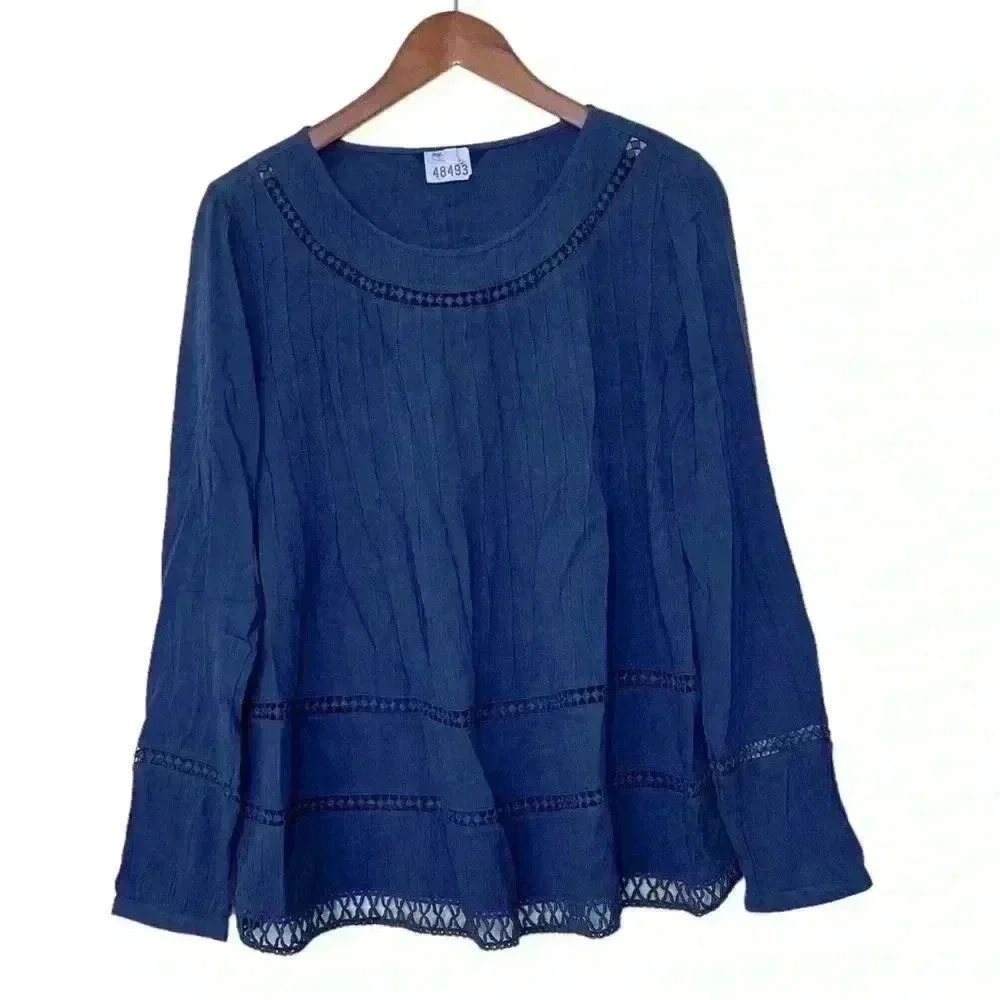 Next Shirt Blouse Womens Size 12 UK Light Wash Blue Boho Peasant Eyelet